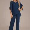 Navy Layered Long Three Quarter Length Sleeve Jumpsuit
