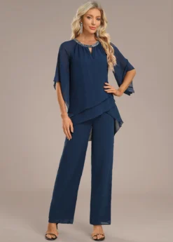 Navy Layered Long Three Quarter Length Sleeve Jumpsuit
