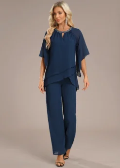 Navy Layered Long Three Quarter Length Sleeve Jumpsuit -Elegance Swimwear Store 339150 P 16952581231184