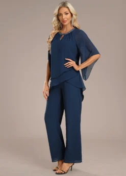 Navy Layered Long Three Quarter Length Sleeve Jumpsuit -Elegance Swimwear Store 339150 P 16952581231713