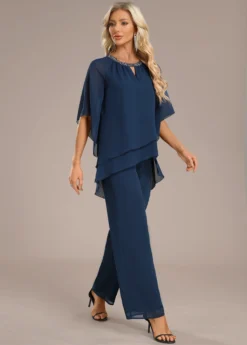 Navy Layered Long Three Quarter Length Sleeve Jumpsuit -Elegance Swimwear Store 339150 P 16952581232692