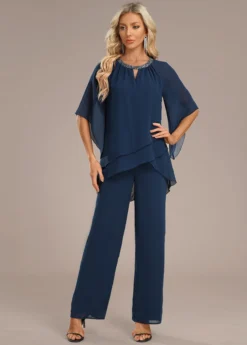 Navy Layered Long Three Quarter Length Sleeve Jumpsuit -Elegance Swimwear Store 339150 P 16952581232865