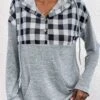 Plus Size Grey Pocket Plaid Long Sleeve Hoodie