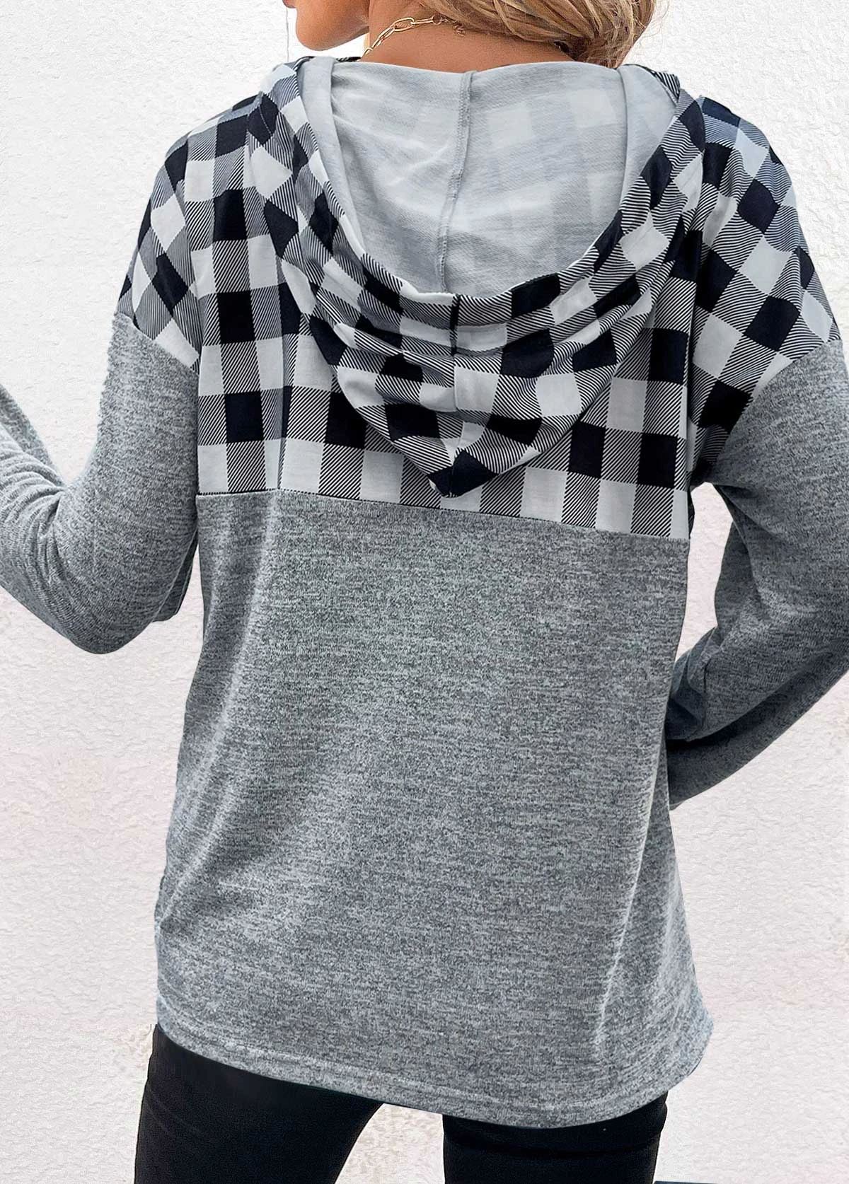 Plus Size Grey Pocket Plaid Long Sleeve Hoodie 2 Plus Size Grey Pocket Plaid Long Sleeve Hoodie - Image 2