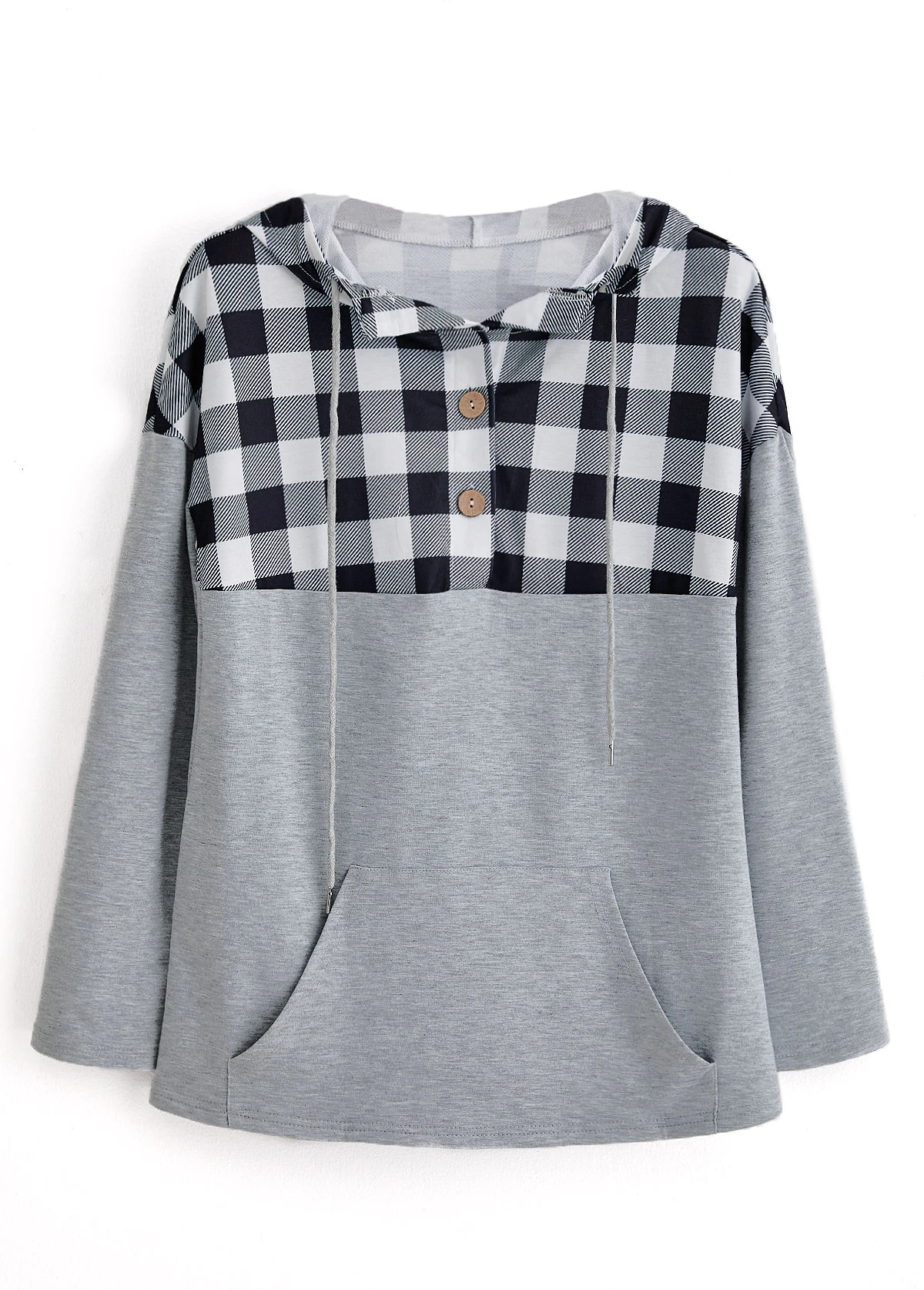 Plus Size Grey Pocket Plaid Long Sleeve Hoodie 4 Plus Size Grey Pocket Plaid Long Sleeve Hoodie - Image 4
