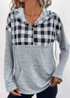Plus Size Grey Pocket Plaid Long Sleeve Hoodie 7 Plus Size Grey Pocket Plaid Long Sleeve Hoodie -Elegance Swimwear Store 339297 P 1694081266788