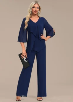 Navy Zipper Long Three Quarter Length Sleeve Jumpsuit