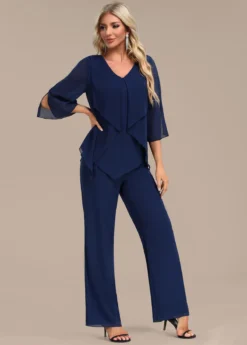 Navy Zipper Long Three Quarter Length Sleeve Jumpsuit -Elegance Swimwear Store 339381 P 16933605594304