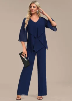 Navy Zipper Long Three Quarter Length Sleeve Jumpsuit -Elegance Swimwear Store 339381 P 16933605597095
