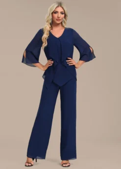 Navy Zipper Long Three Quarter Length Sleeve Jumpsuit -Elegance Swimwear Store 339381 P 16933605599663