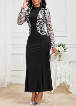 Black Lace Long Sleeve Round Neck Dress -Elegance Swimwear Store 339551 P 16974524660392