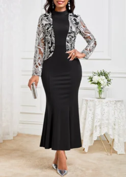 Black Lace Long Sleeve Round Neck Dress