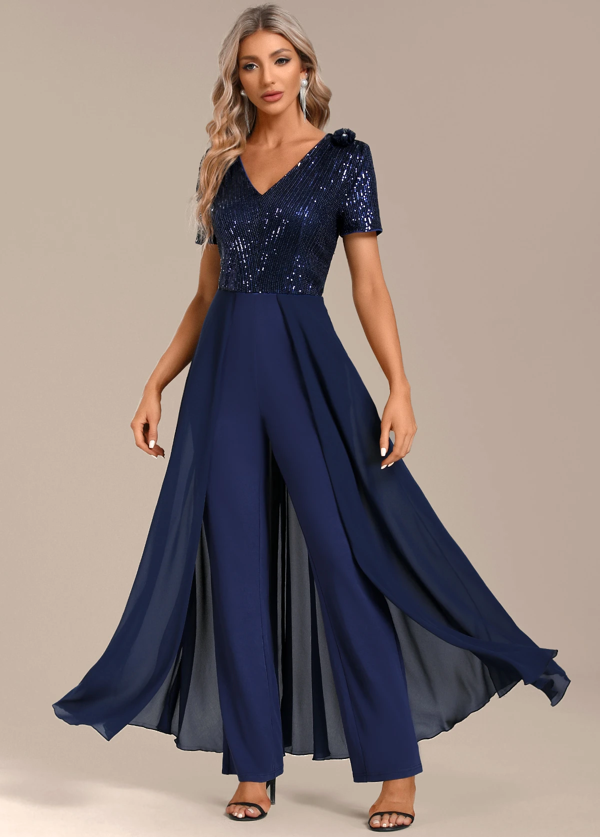 Navy Sequin Long Short Sleeve V Neck Jumpsuit 1 Navy Sequin Long Short Sleeve V Neck Jumpsuit