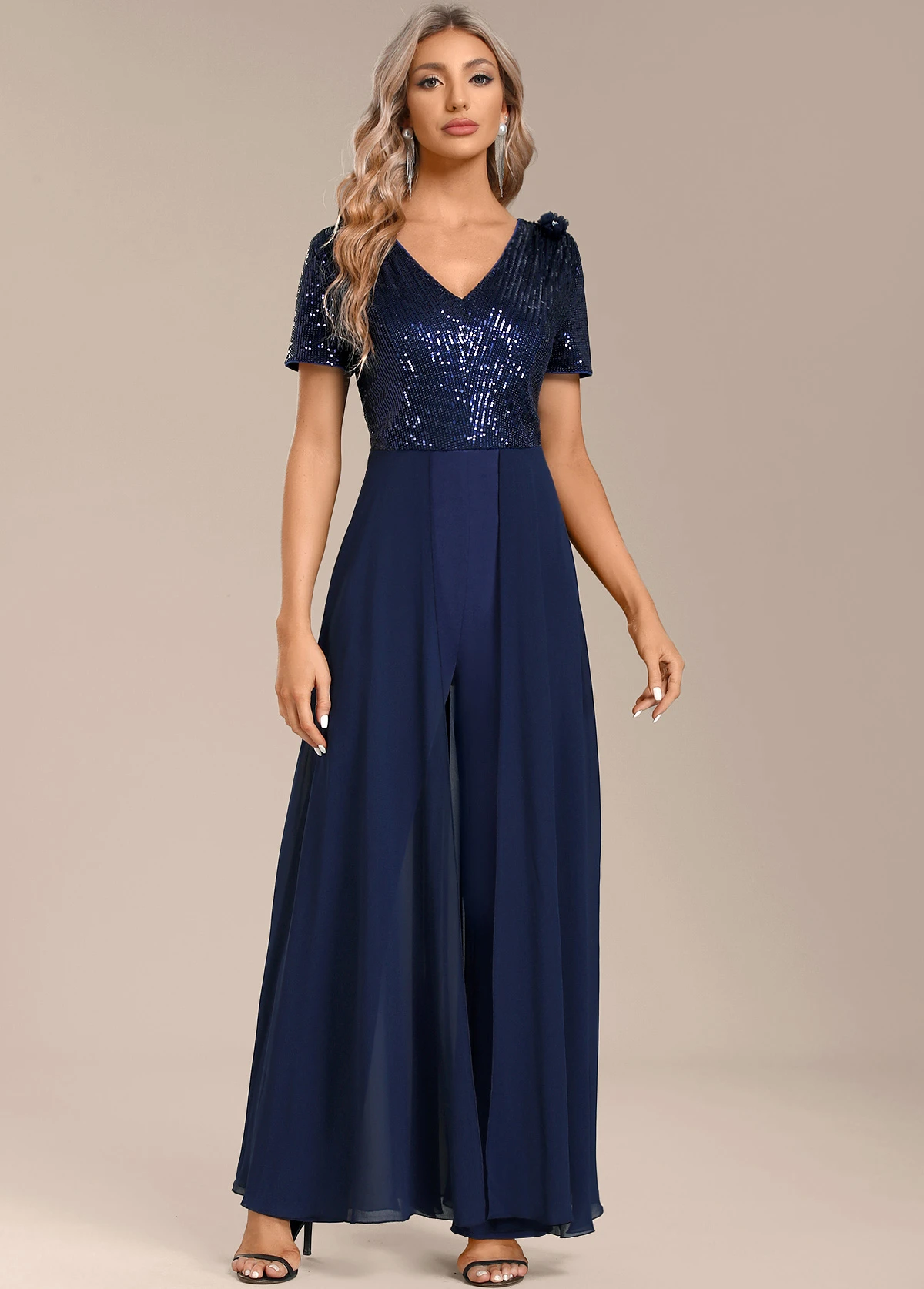 Navy Sequin Long Short Sleeve V Neck Jumpsuit 5 Navy Sequin Long Short Sleeve V Neck Jumpsuit - Image 5