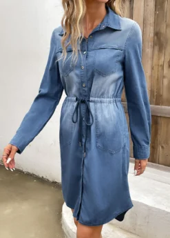 Denim Blue Pocket Long Sleeve Shirt Collar Dress -Elegance Swimwear Store 339836 P 16933603301122