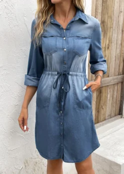 Denim Blue Pocket Long Sleeve Shirt Collar Dress