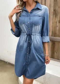 Denim Blue Pocket Long Sleeve Shirt Collar Dress -Elegance Swimwear Store 339836 P 16933603308380