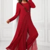 Deep Red Sequin Round Neck Jumpsuit And Cardigan