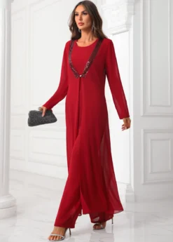 Deep Red Sequin Round Neck Jumpsuit And Cardigan -Elegance Swimwear Store 339892 P 16914902632354