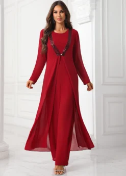 Deep Red Sequin Round Neck Jumpsuit And Cardigan -Elegance Swimwear Store 339892 P 16914902639372