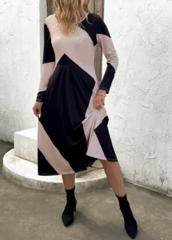 Black Pocket Geometric Print Long Sleeve Dress -Elegance Swimwear Store 339969 P 16921760252052