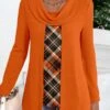 Plus Size Orange Fake 2in1 Plaid T Shirt