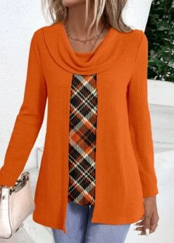 Plus Size Orange Fake 2in1 Plaid T Shirt