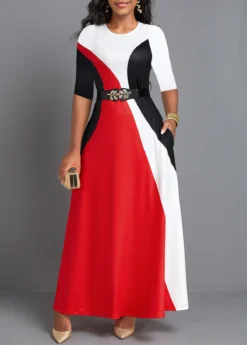 Red Pocket Three Quarter Length Sleeve Maxi Dress