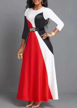 Red Pocket Three Quarter Length Sleeve Maxi Dress -Elegance Swimwear Store 339996 P 16915582560802