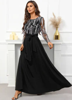 Black Breathable Belted Long Sleeve Scoop Neck Dress -Elegance Swimwear Store 340326 P 16951188223725