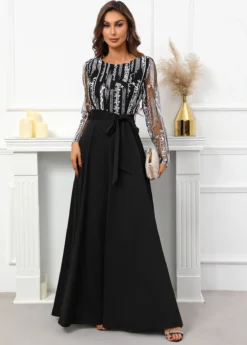 Black Breathable Belted Long Sleeve Scoop Neck Dress -Elegance Swimwear Store 340326 P 16951188224522