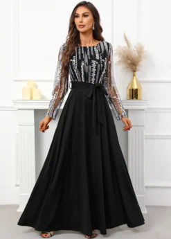 Black Breathable Belted Long Sleeve Scoop Neck Dress -Elegance Swimwear Store 340326 P 16951188224844