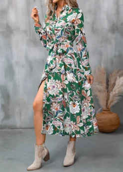 Green Button Random Floral Print Belted Dress -Elegance Swimwear Store 340405 P 16932193524632