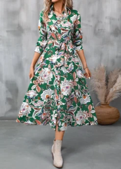 Green Button Random Floral Print Belted Dress -Elegance Swimwear Store 340405 P 16932193526013
