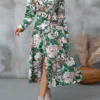 Green Button Random Floral Print Belted Dress