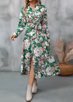 Green Button Random Floral Print Belted Dress