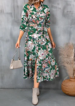 Green Button Random Floral Print Belted Dress -Elegance Swimwear Store 340405 P 16932193527954