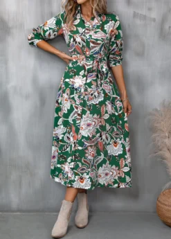 Green Button Random Floral Print Belted Dress -Elegance Swimwear Store 340405 P 16932193528305