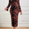 Dark Coffee Zebra Stripe Print Long Sleeve Dress
