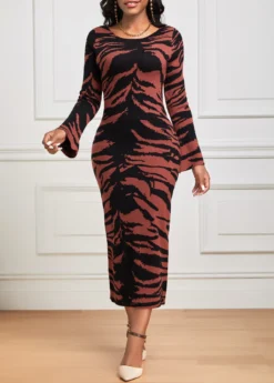 Dark Coffee Zebra Stripe Print Long Sleeve Dress