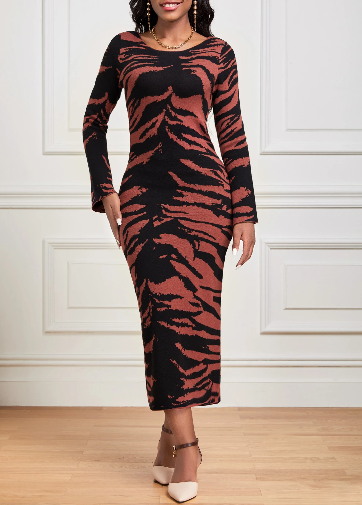 Dark Coffee Zebra Stripe Print Long Sleeve Dress 4 Dark Coffee Zebra Stripe Print Long Sleeve Dress - Image 4