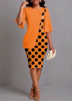 Orange Polka Dot Half Sleeve Dress