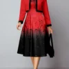 Red Contrast Binding Ombre Two Piece Suit Dress And Cardigan