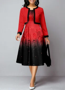 Red Contrast Binding Ombre Two Piece Suit Dress And Cardigan