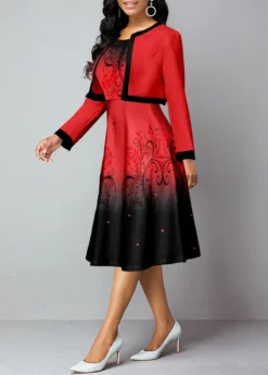 Red Contrast Binding Ombre Two Piece Suit Dress And Cardigan -Elegance Swimwear Store 341688 P 1693384865381