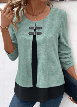 Plus Size Sage Green Fake 2in1 Long Sleeve Blouse -Elegance Swimwear Store 341697 P 16934632617943