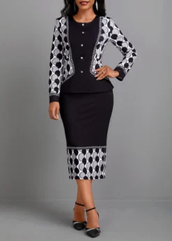 Black Geometric Print Long Sleeve Round Neck Dress -Elegance Swimwear Store 341869 P 16974524530853