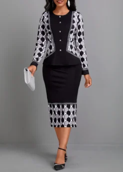 Black Geometric Print Long Sleeve Round Neck Dress -Elegance Swimwear Store 341869 P 16974524533244