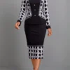 Black Geometric Print Long Sleeve Round Neck Dress