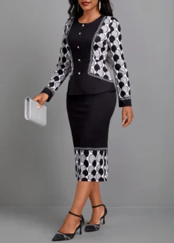 Black Geometric Print Long Sleeve Round Neck Dress -Elegance Swimwear Store 341869 P 16974524535772